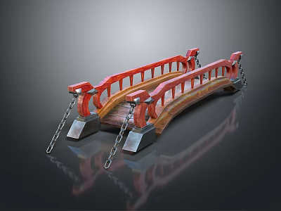Ornate Red Arch Bridge With Detailed Railings And Hanging Metal Chains Design 3d model