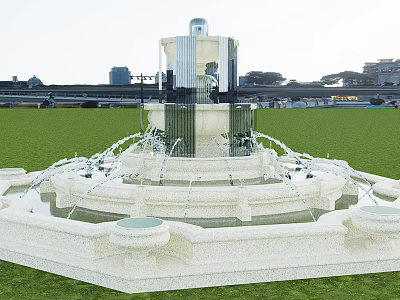 Elegant Multi Tiered Water Fountain With White Stone Base And Flowing Water On Green Lawn 3d model