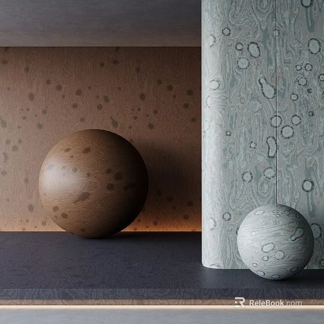 Brown And Light Gray Spheres With Spotted And Circular Patterned Walls On Dark Floor 3d model 