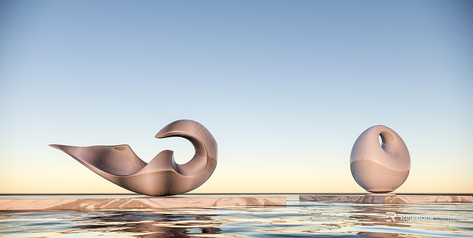 Modern Curved Light Colored Sculptures On Marble Platform With Water Reflection 3d model 