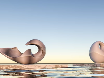 Modern Curved Light Colored Sculptures On Marble Platform With Water Reflection 3d model