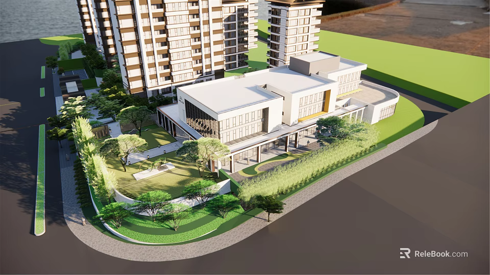 Modern Sales Office Building With Landscaped Gardens Lawn And High Rise Residential Background 3d model 