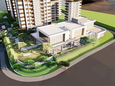 Modern Sales Office Building With Landscaped Gardens Lawn And High Rise Residential Background 3d model