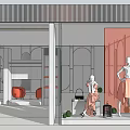 Stylish Clothing Store Front With Window Display Mannequins Shelves And Red Chairs