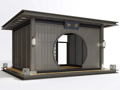 Elegant Chinese Traditional Pavilion with Circular Doorway Wooden Siding and Decorative Lanterns 3d model