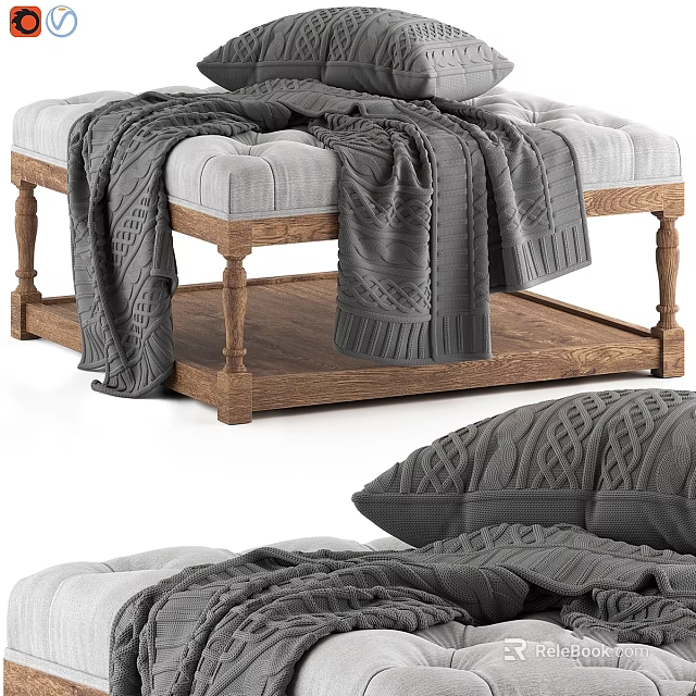 Cozy Gray Sofa Bench With Wooden Legs Upholstered Seat And Knitted Blanket 3d model 