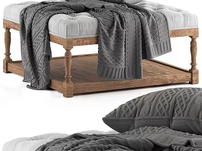 Cozy Gray Sofa Bench With Wooden Legs Upholstered Seat And Knitted Blanket 3d model