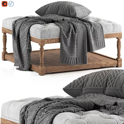 Cozy Gray Sofa Bench With Wooden Legs Upholstered Seat And Knitted Blanket 3d model