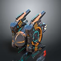 Futuristic Mechanical Device Featuring Double Barrel Structure And Glowing Orange Blue Elements 3d model