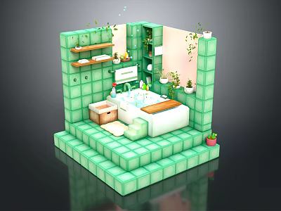 Cozy Green Bathroom Interior With Bathtub Shelves And Potted Plants 3d model