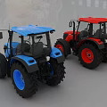 Red and Blue Functional Tractors with Large Tires and Cabins in Studio
