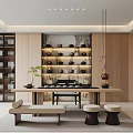 Elegant Modern Tea Room With Long Wooden Table Tea Sets Display Bookshelves Stools Green Plant
