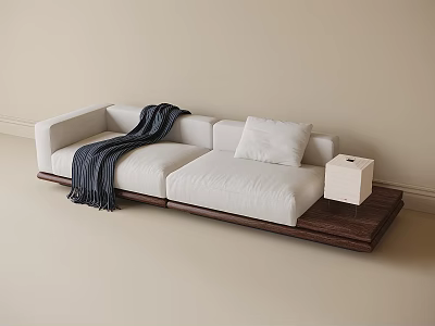 White Two Seater Sofa With Dark Blue Blanket And White Side Table On Wooden Base 3d model