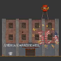 Industrial Warehouse with Red Brick Walls Windows Red Water Tower American Flag Yellow Star Decorations