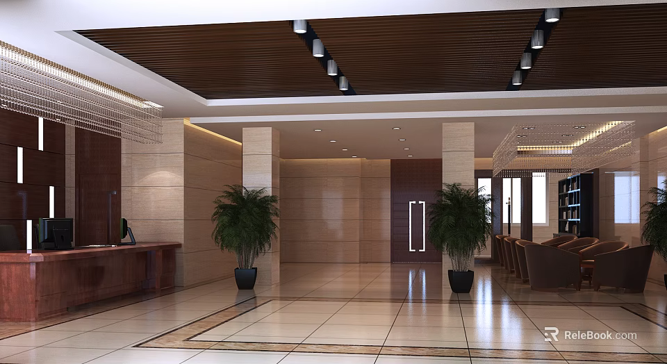 Modern Hotel Lobby Featuring Wooden Ceiling Recessed Lighting Beige Walls Reception Desk And Green Plants 3d model 