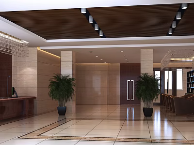 Modern Hotel Lobby Featuring Wooden Ceiling Recessed Lighting Beige Walls Reception Desk And Green Plants 3d model