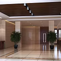 Modern Hotel Lobby Featuring Wooden Ceiling Recessed Lighting Beige Walls Reception Desk And Green Plants