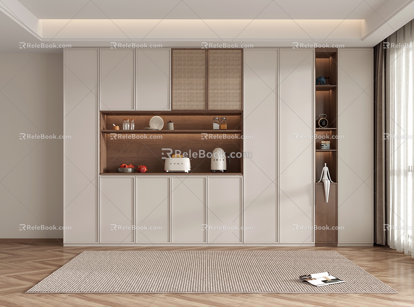 Middle Style Dining Side Wine Cabinet Rattan Door 3d model