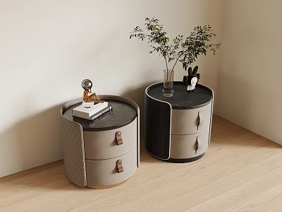 Modern Light Gray And Black Bedside Tables With Drawers Decorative Book Vase Plant On Top 3d model