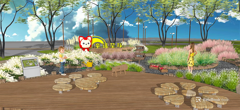 Scenic Park Landscape With Trees Lawn Wooden Deck Flower Beds And Benches 3d model 