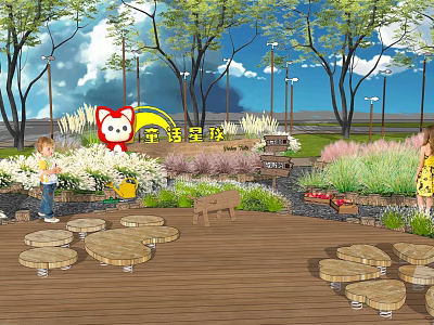 Scenic Park Landscape With Trees Lawn Wooden Deck Flower Beds And Benches 3d model
