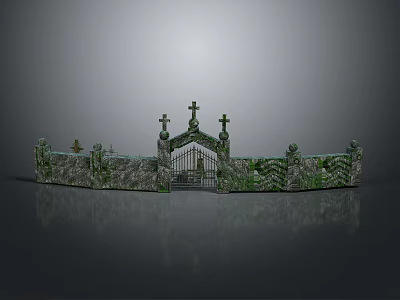Ancient Cemetery Entrance With Stone Gate Three Crosses And Moss Covered Walls 3d model