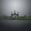 Ancient Cemetery Entrance With Stone Gate Three Crosses And Moss Covered Walls