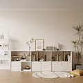 White Minimalist Decorative Cabinet In Interior With Bookshelf Potted Plant And Picture Frame