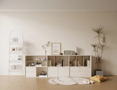 White Minimalist Decorative Cabinet In Interior With Bookshelf Potted Plant And Picture Frame 3d model