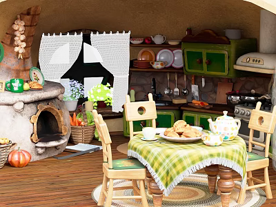 Cozy Kitchen Dining Interior With Stone Fireplace Green Cabinets Wooden Table Checkered Tablecloth Teapot Cookies 3d model