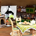 Cozy Kitchen Dining Interior With Stone Fireplace Green Cabinets Wooden Table Checkered Tablecloth Teapot Cookies