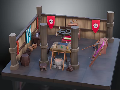 Medieval Workshop Interior With Wooden Pillars Red Banners Skull Symbols Workbench Tools And Crossbow 3d model