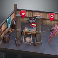 Medieval Workshop Interior With Wooden Pillars Red Banners Skull Symbols Workbench Tools And Crossbow