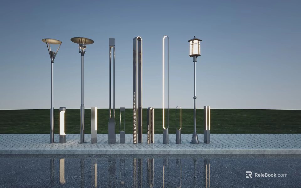 Modern Garden Ornaments Featuring Various Outdoor Lamp Post Designs And Sleek Structures 3d model