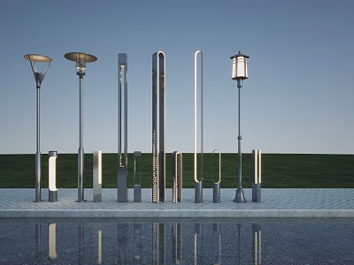 Modern Garden Ornaments Featuring Various Outdoor Lamp Post Designs And Sleek Structures 3d model
