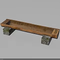 Wooden Long Rectangular Trough Supported By Stone Blocks On Dark Background 3d model