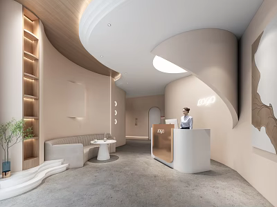 Contemporary Store Front Desk With Curved Design Light Beige Sofa Bookshelf Green Plant And Staff 3d model