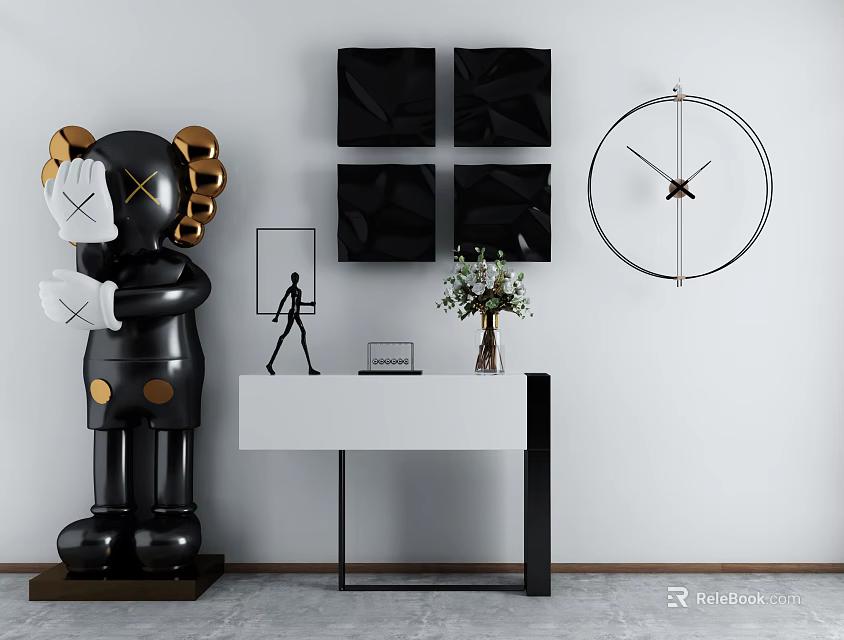 Console Table Modern Interior With Black Square Wall Art Circular Clock Large Black Doll Vase 3d model