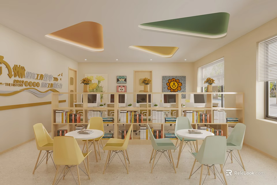 School Reading Room With Bookshelves Round Tables Colorful Chairs And Triangle Ceiling Lights 3d model 