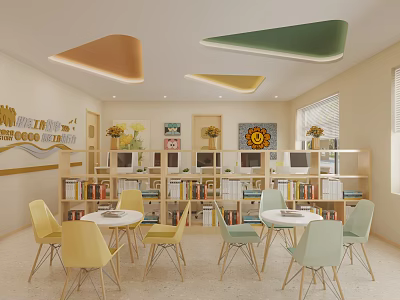 School Reading Room With Bookshelves Round Tables Colorful Chairs And Triangle Ceiling Lights 3d model