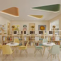School Reading Room With Bookshelves Round Tables Colorful Chairs And Triangle Ceiling Lights