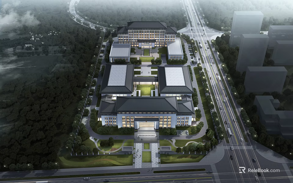 Modern Traditional Office Building With Symmetrical Layout Central Courtyard Surrounded By Greenery And Roads 3d model 