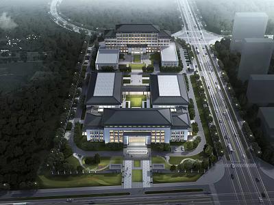 Modern Traditional Office Building With Symmetrical Layout Central Courtyard Surrounded By Greenery And Roads 3d model