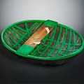Elegant Green Woven Oval Basket With Decorative Wooden Strip And Pattern