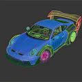 Shiny Blue Sports Car With Large Rear Spoiler And Wide Body Kit