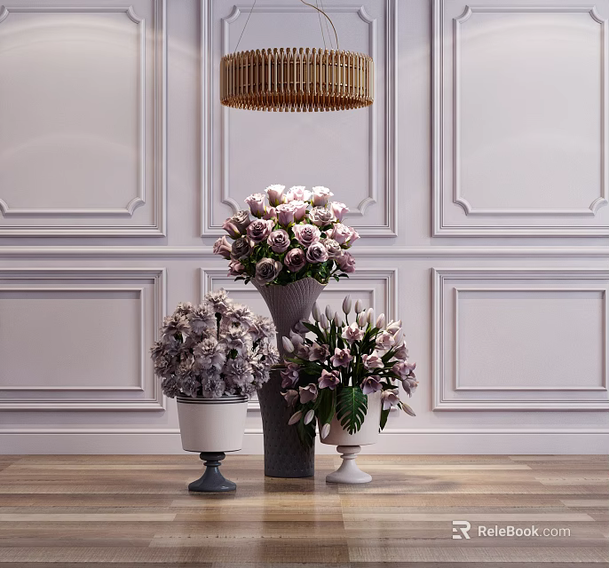 Elegant Vases With Pale Purple Roses And Lilies On Wooden Floor Against White Paneled Walls 3d model 