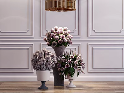 Elegant Vases With Pale Purple Roses And Lilies On Wooden Floor Against White Paneled Walls 3d model