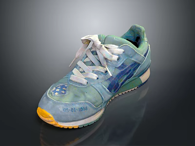 Vintage Worn Blue And Green Canvas Sneakers With White Laces And Yellow Sole 3d model