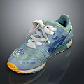 Vintage Worn Blue And Green Canvas Sneakers With White Laces And Yellow Sole