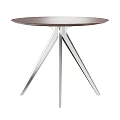 Modern Round Wooden Table With Four Woven Back Chairs And Gray Cushions Metal Legs